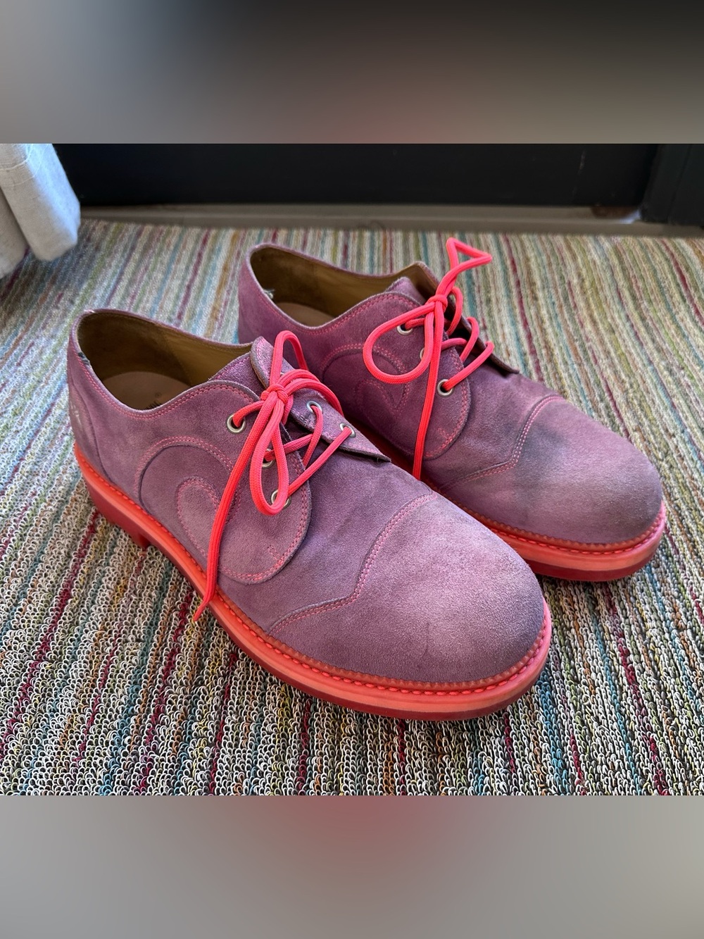 Fluevog 7th Heaven Derby Swirl purple (orchid)/pink suede lace-up shoe -11.5 - Picture 2 of 16